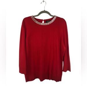 Liz Claiborne Red Holiday Sweater Beaded Crew Neckline Single Button Closure